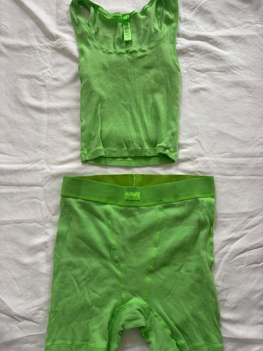 SKIMS Cotton Rib Tank Top and Boxer Shorts Set Neon Green